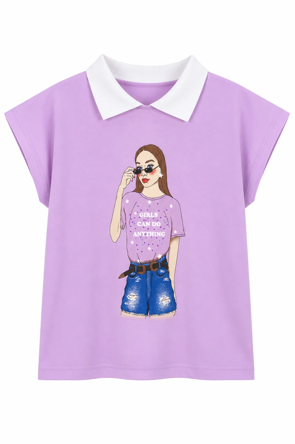 Tuffy Kids - Girls Wide Sleeve T-Shirt - Girl Print Design - White Collar - Lavender color option