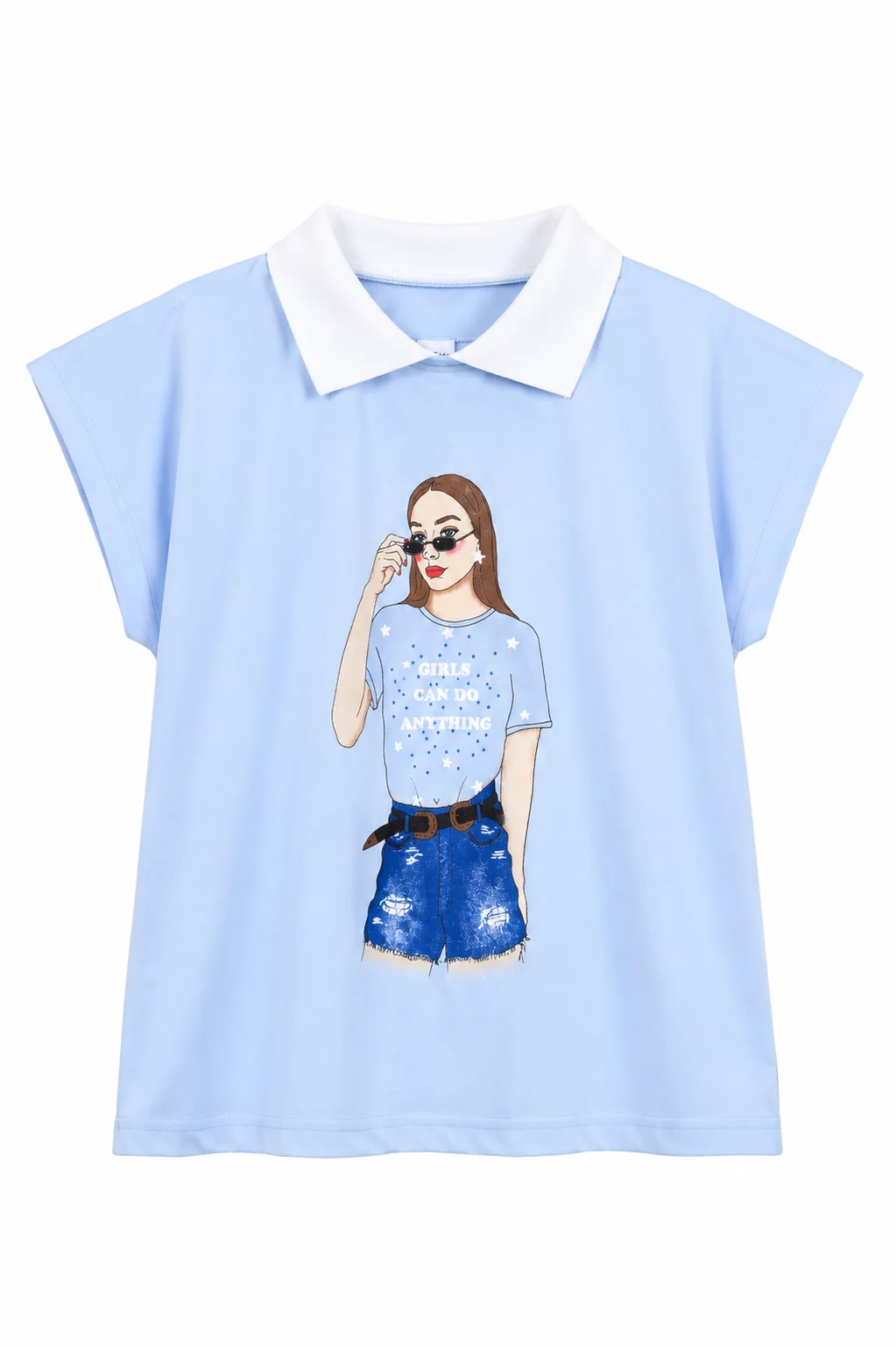 Tuffy Kids Girl Graphic Collar T-Shirt – Fashion Girl Print – Short Sleeve – Light Blue color option