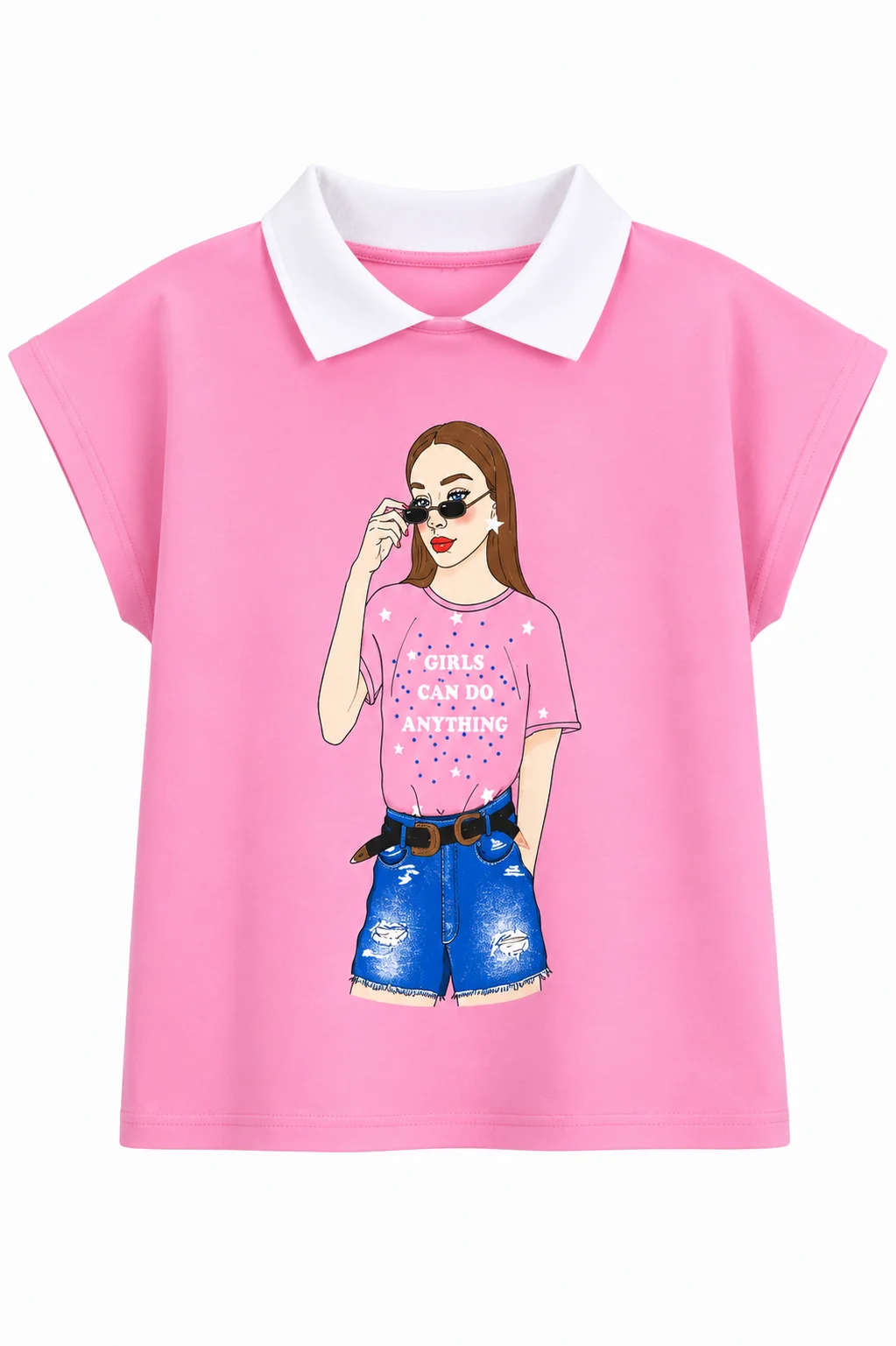 Tuffy Kids - Girls Wide Sleeve T-Shirt - Girl Print Design - White Collar - Pink