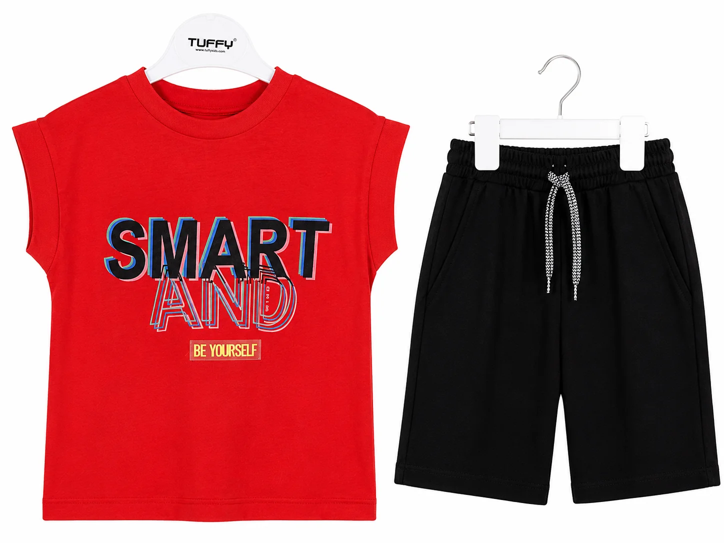 Tuffy Kids Boys Smart Print T-Shirt & Shorts Set – Short Sleeve – 2 Pieces – Red / Black color option