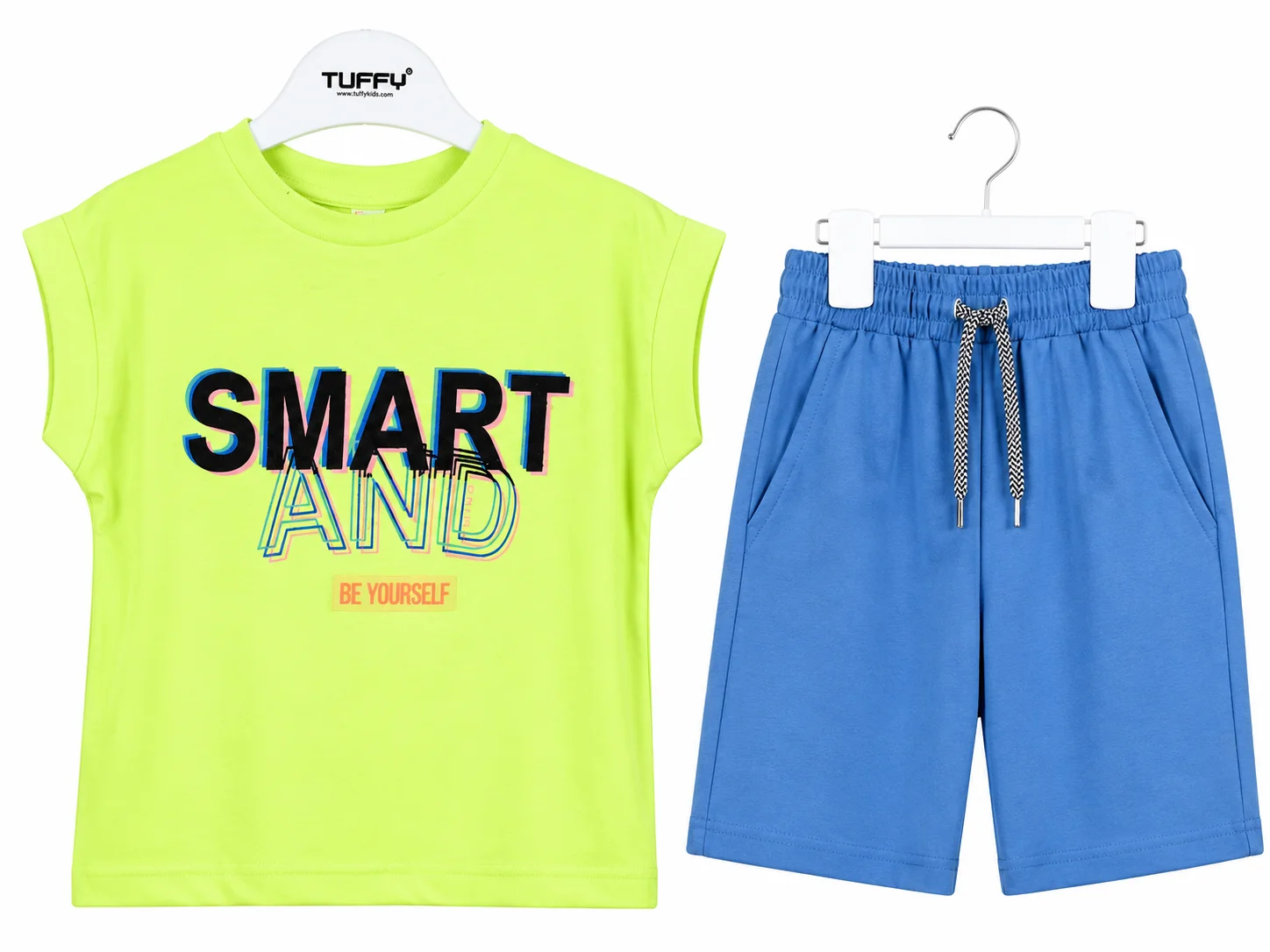 Tuffy Kids Boys Smart Print T-Shirt & Shorts Set – Short Sleeve – 2 Pieces – Neon Green / Blue