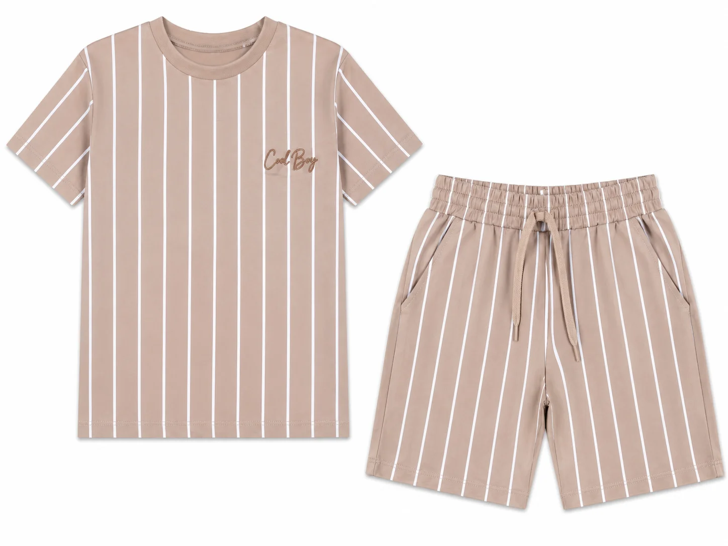 Tuffy Kids Boys Striped T-Shirt & Shorts Set – Cool Boy Embroidery – 2 Pieces – Beige color option