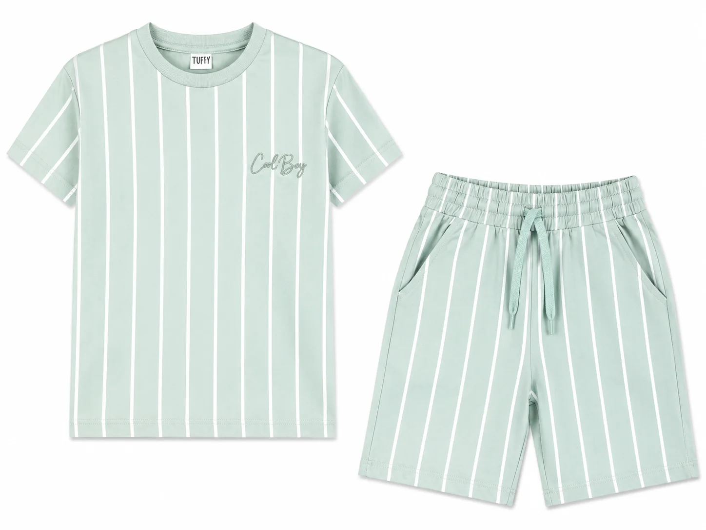 Tuffy Kids Boys Striped T-Shirt & Shorts Set – Cool Boy Print – Short Sleeve – Mint Green color option