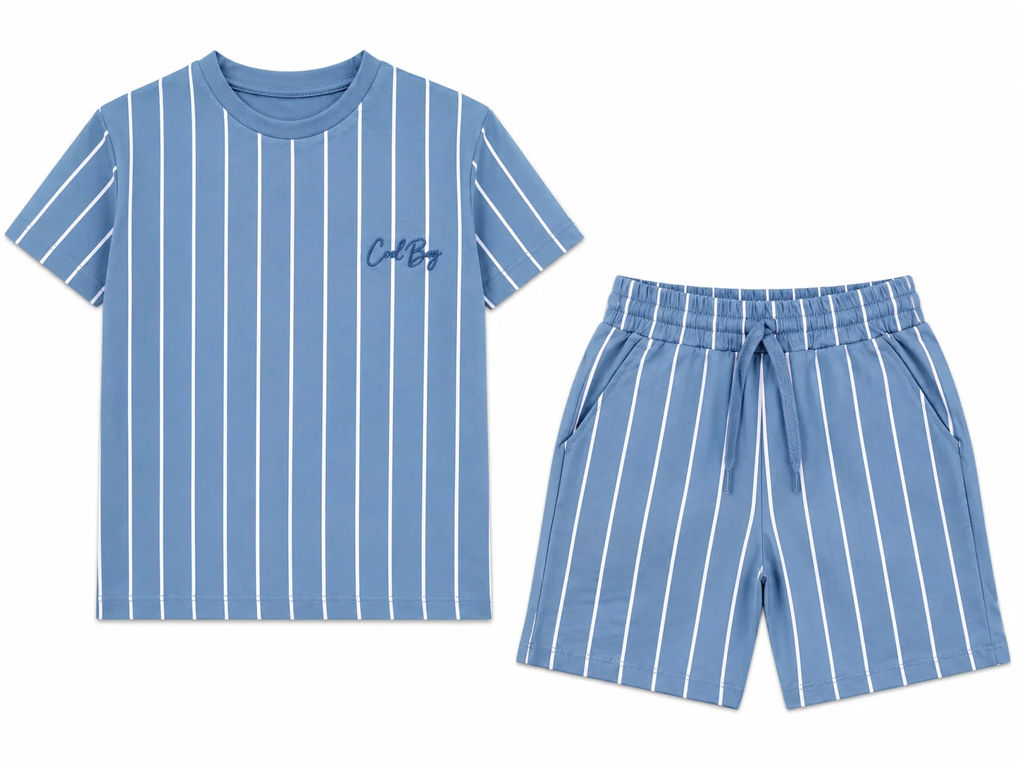 Tuffy Kids Boys Striped T-Shirt & Shorts Set – Cool Boy Embroidery – 2 Pieces – Blue color option