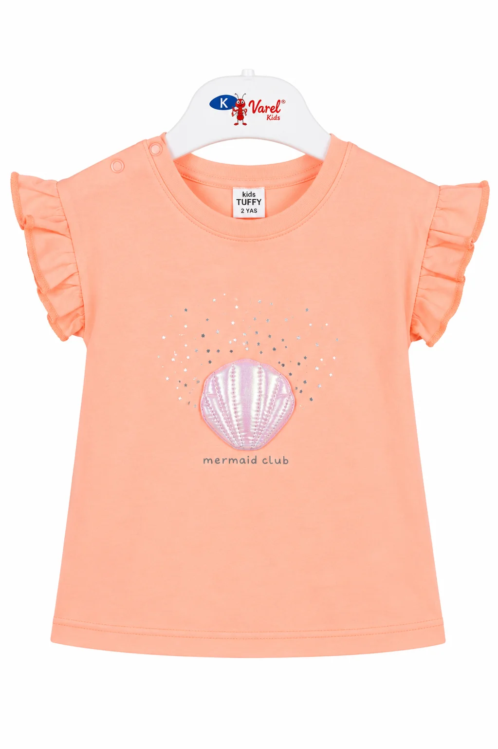 Tuffy Kids Girls T-Shirt – Mermaid Club Print – Soft Cotton Fabric – Ruffle Sleeve Design – Peach color option