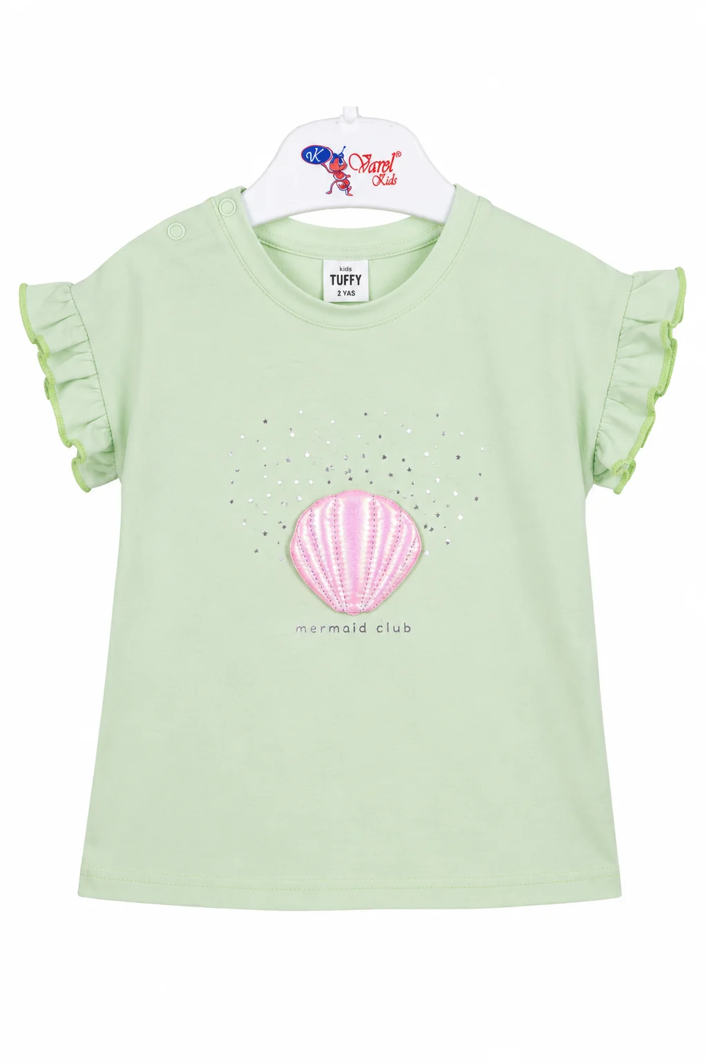 Tuffy Kids Girls T-Shirt – Mermaid Club Print – Soft Cotton Fabric – Ruffle Sleeve Design – Light Green color option