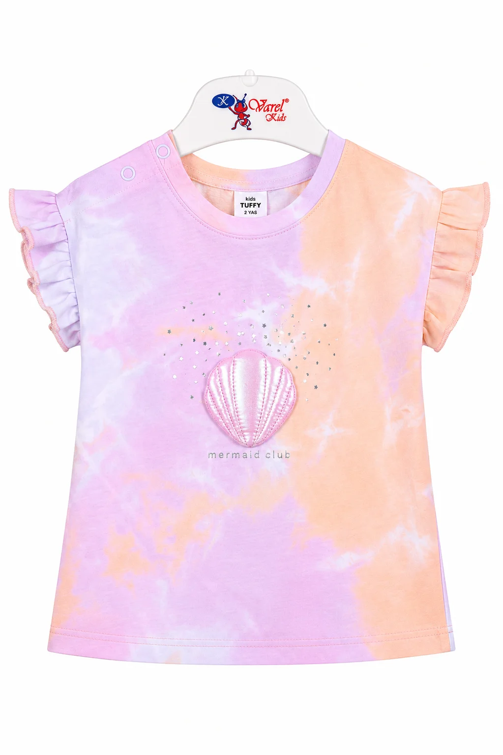 Tuffy Kids Girls T-Shirt – Mermaid Club Tie-Dye Print – Soft Cotton Fabric – Ruffle Sleeve Design – Peach & Lavender