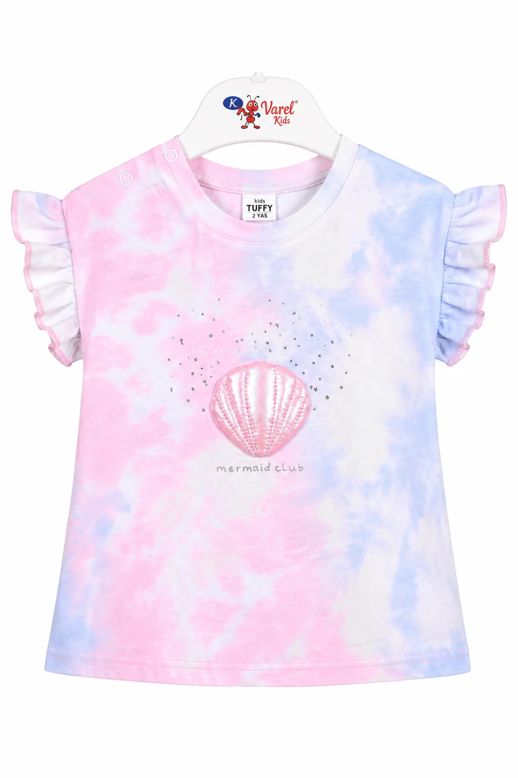 Tuffy Kids Girls T-Shirt – Mermaid Club Tie-Dye Print – Soft Cotton Fabric – Ruffle Sleeve Design – Pink & Light Blue color option