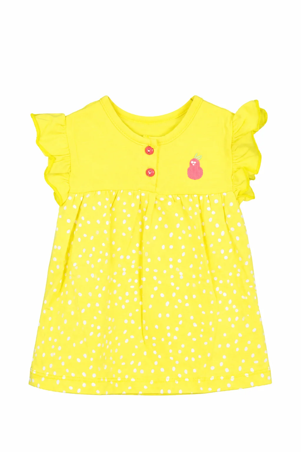 Tuffy Kids Girls Polka Dot Dress – Sleeveless Ruffle Design – Pear Embroidery – Yellow