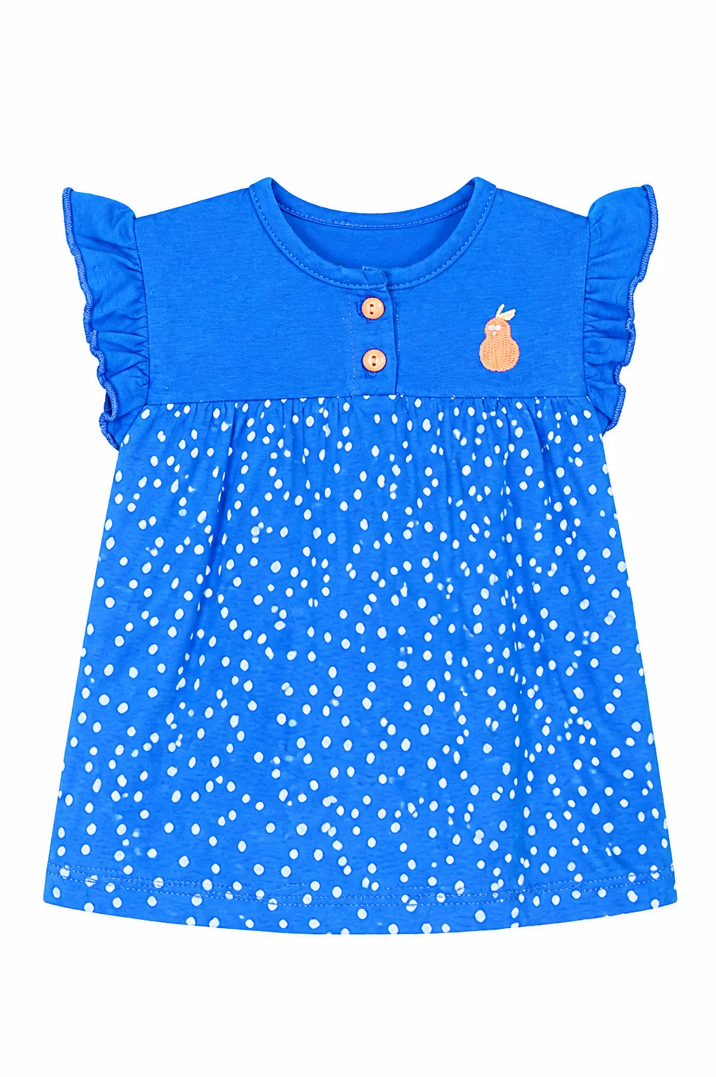 Tuffy Kids Girls Polka Dot Dress – Sleeveless Ruffle Design – Pear Embroidery  – blue color option