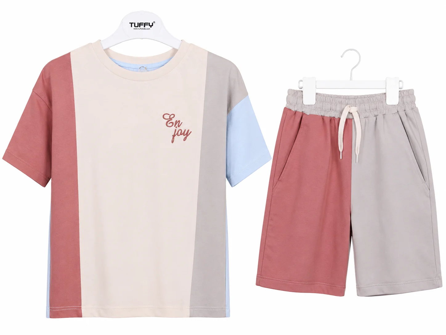 Tuffy Kids Boys Color Block T-Shirt & Shorts Set – Short Sleeve – 2 Pieces – Dusty Rose / Beige / Light Blue color option