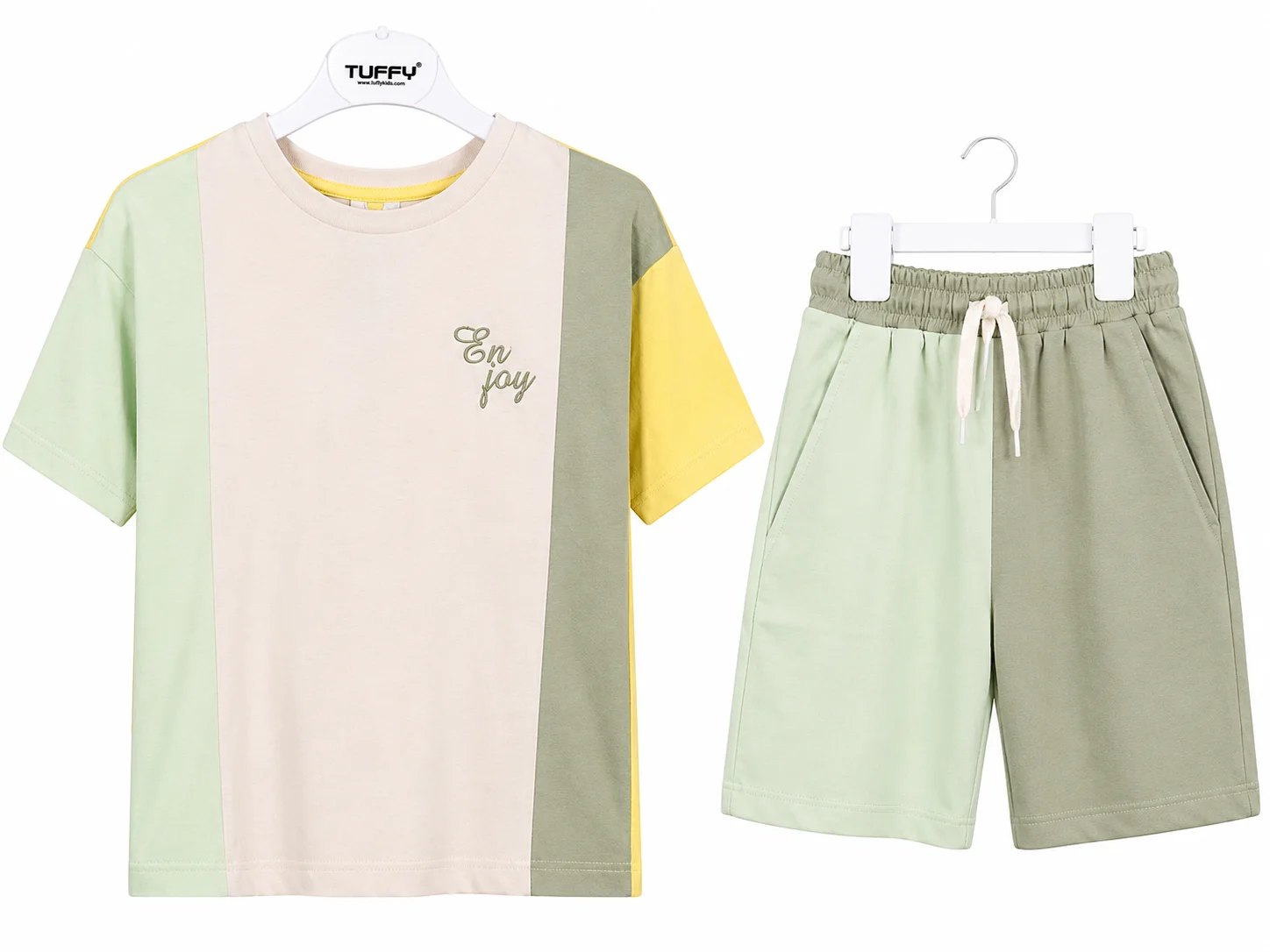 Tuffy Kids Boys Color Block T-Shirt & Shorts Set – Short Sleeve – 2 Pieces – Light Green / Sage Green / Yellow color option