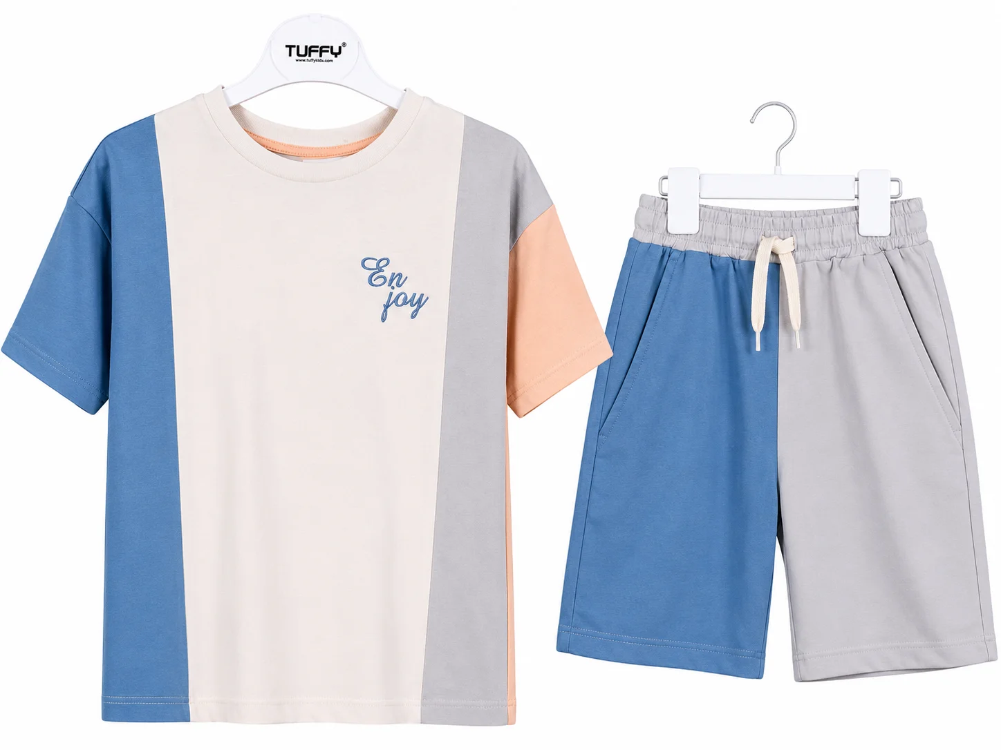 Tuffy Kids Boys Color Block T-Shirt & Shorts Set – Short Sleeve – 2 Pieces – Blue / Light Grey / Peach color option