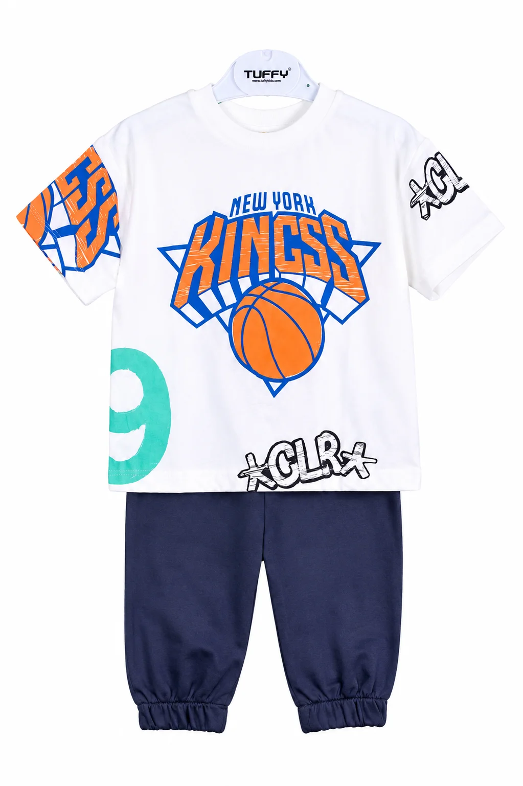 Tuffy Kids Boys Sports Set – New York Kings Print T-Shirt & Jogger Pants – 2 Pieces – White/navy