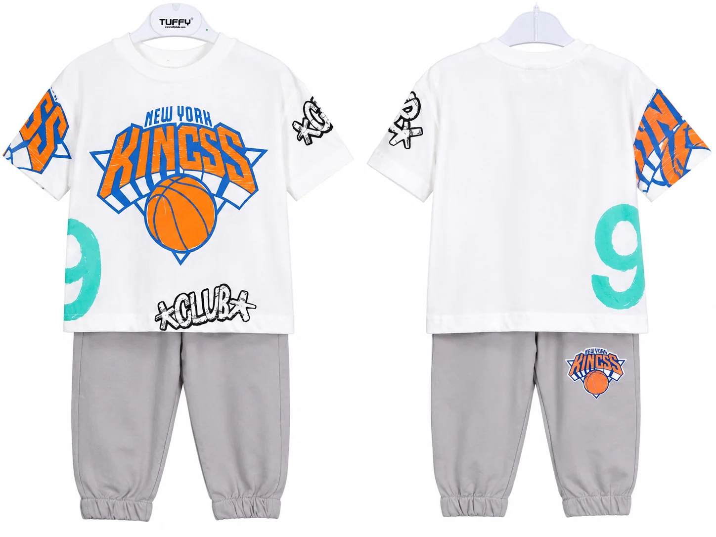 Tuffy Kids Boys Sports Set – New York Kings Print T-Shirt & Jogger Pants – 2 Pieces – White/Grey color option