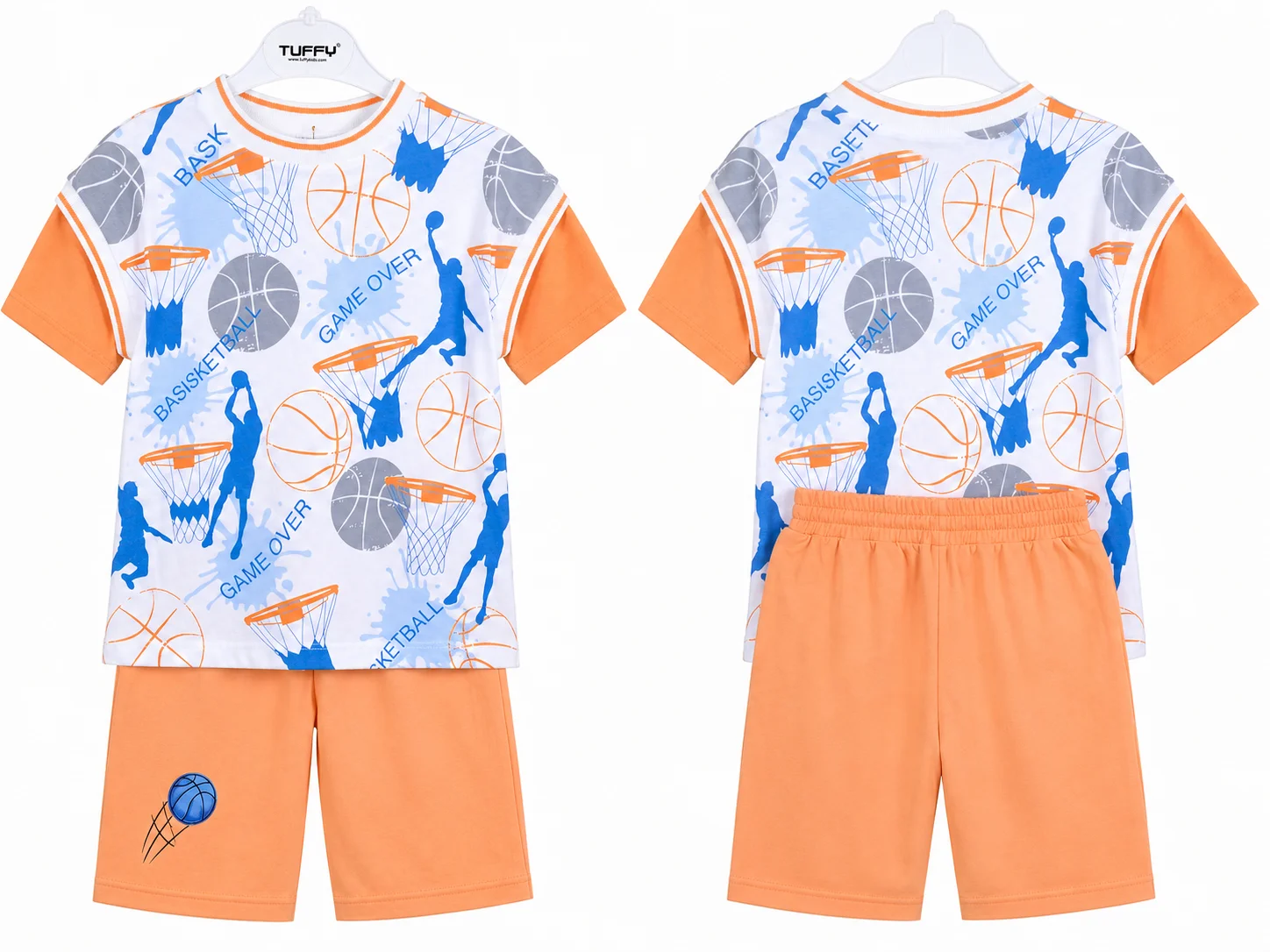 Tuffy Kids Boys Basketball Print T-Shirt & Shorts Set –orang