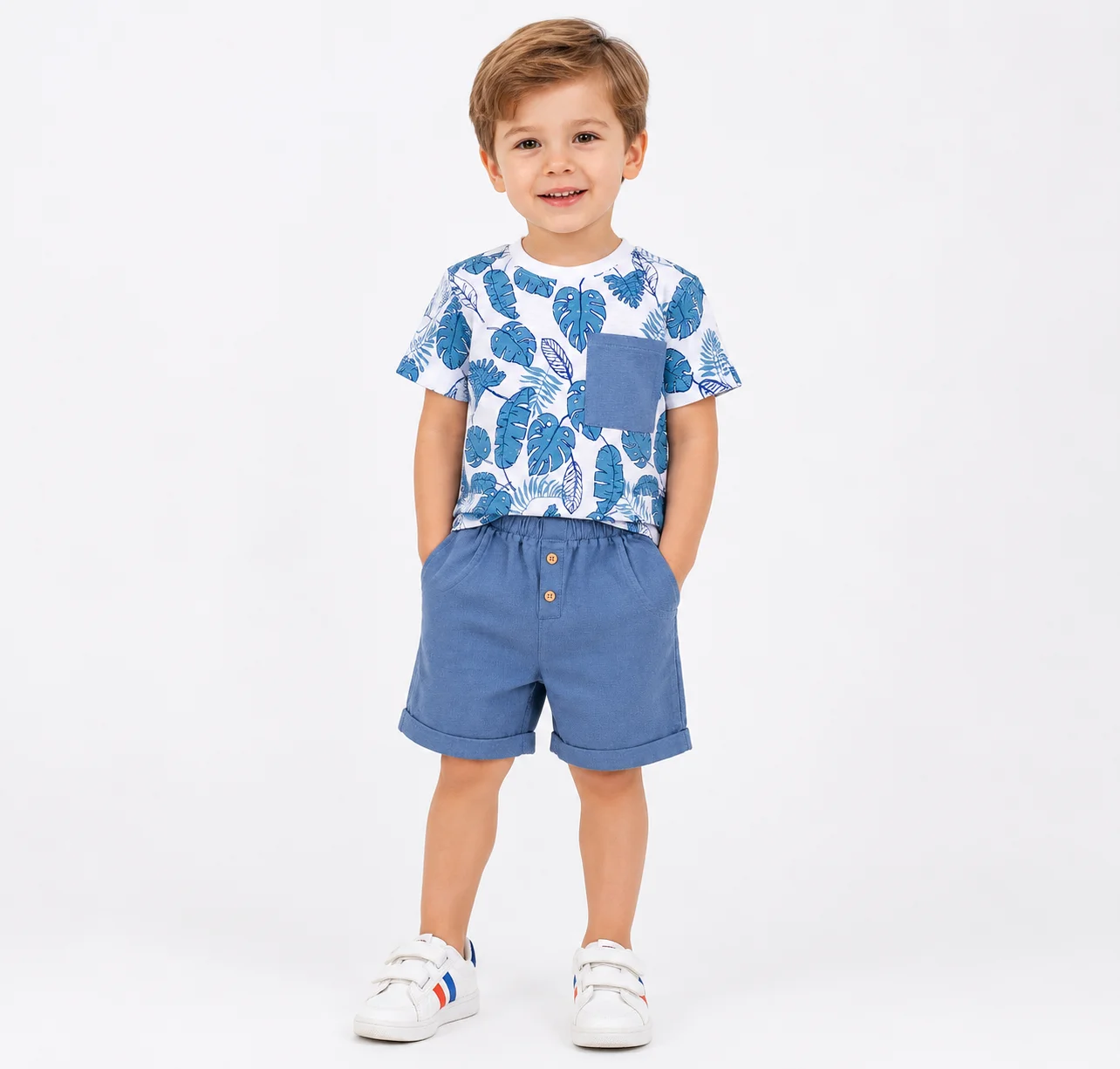 Tuffy Kids Boys Leaf Print T-Shirt & Shorts Set - blue / White color option