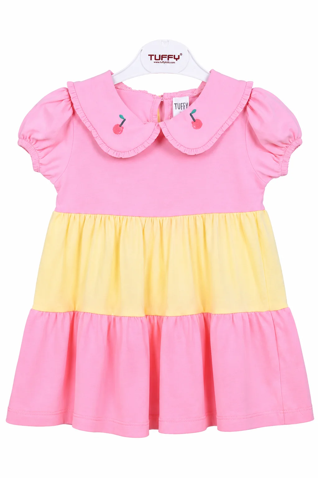 Tuffy Kids Girls Color Block Dress – Peter Pan Collar – Short Puff Sleeves – Pink & Yellow color option