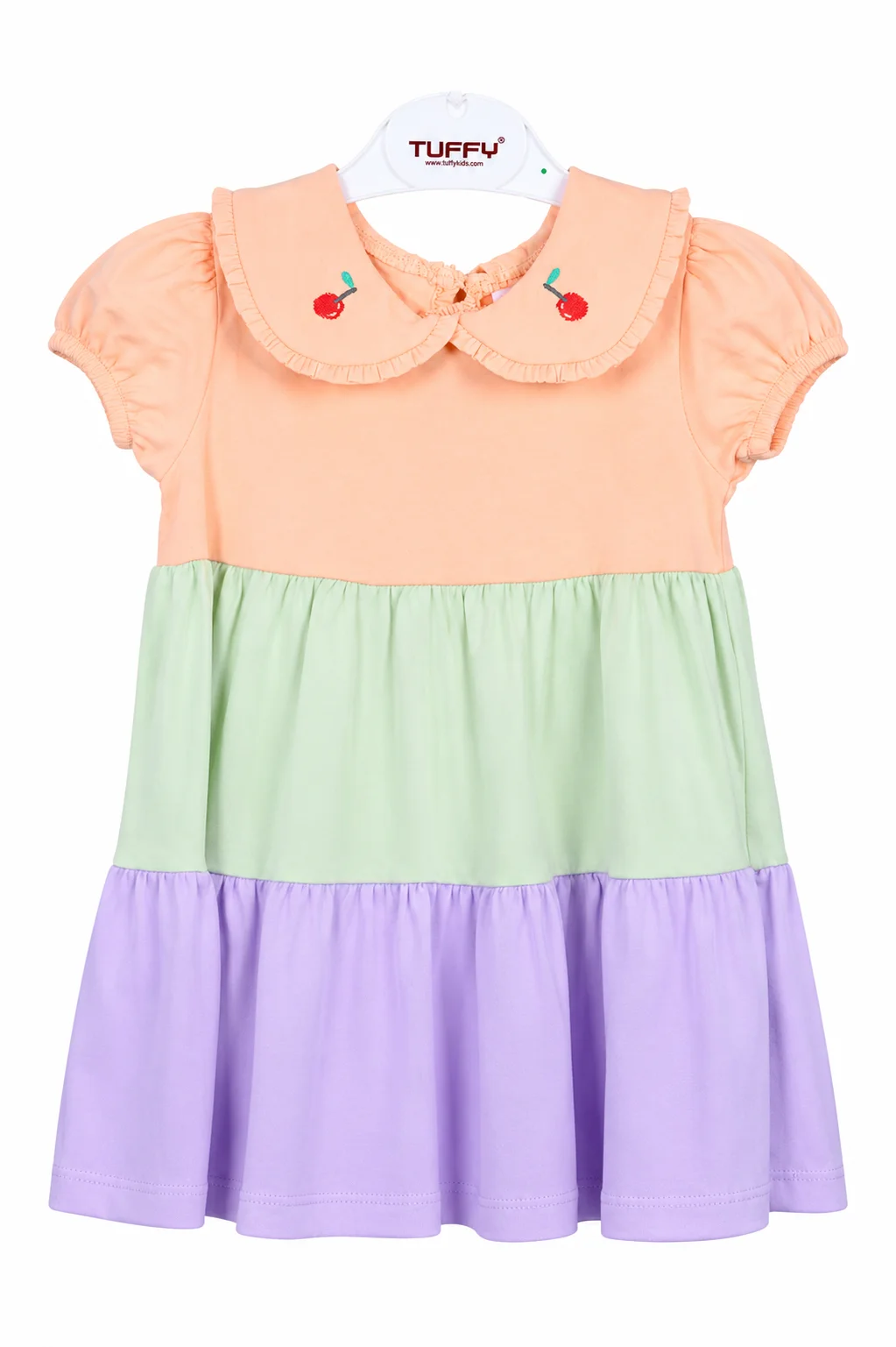 Tuffy Kids Girls Color Block Dress – Peter Pan Collar – Short Puff Sleeves –Peach, Mint & Lavender