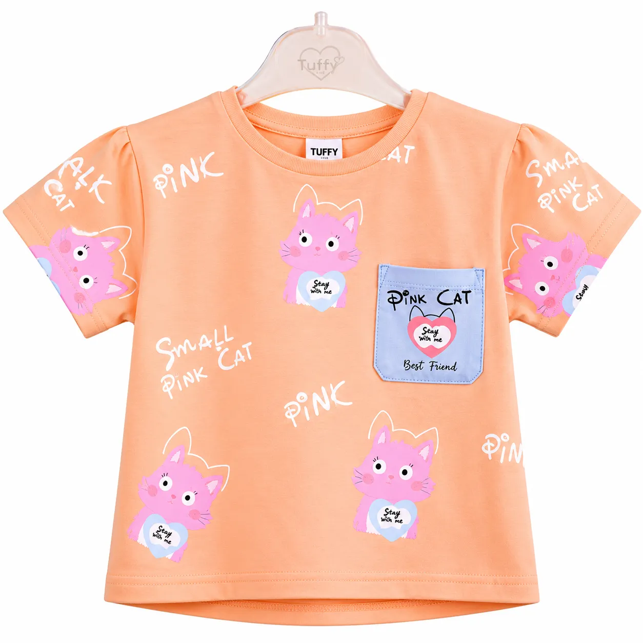Tuffy Kids Girls Printed T-Shirt – Cat Pocket Design – Short Sleeve – Peach