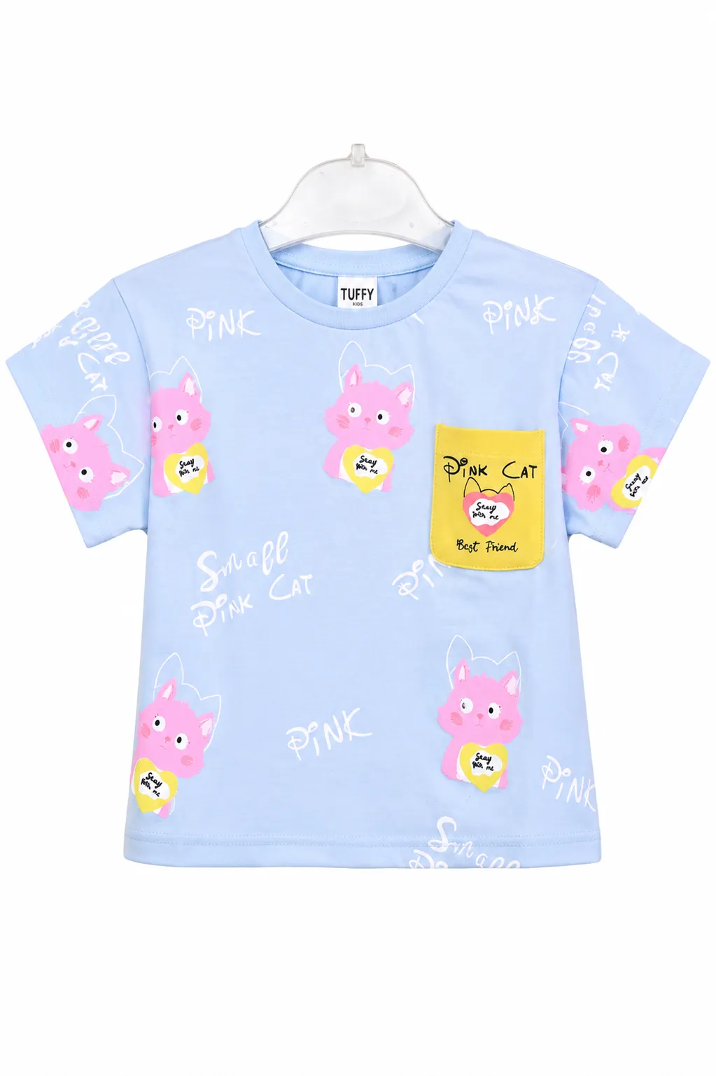 Tuffy Kids Girls Printed T-Shirt – Cat Pocket Design – Short Sleeve – blue color option