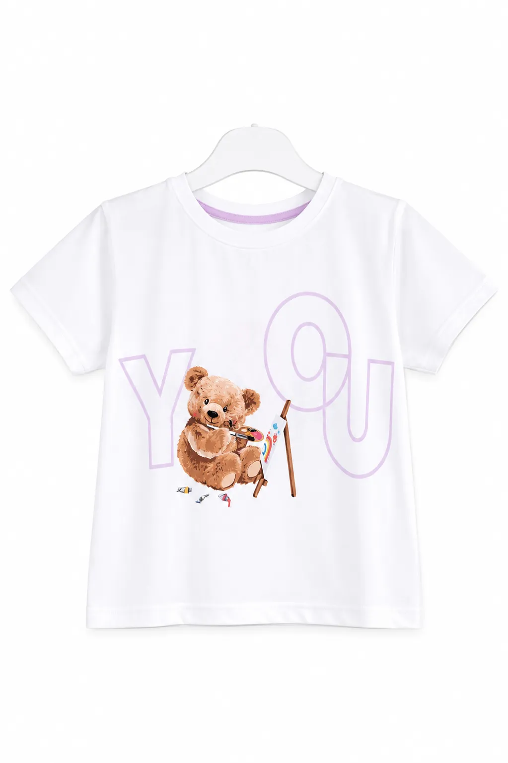 Tuffy Kids Girls T-Shirt with Teddy Bear Print – Short Sleeve – Cotton – white