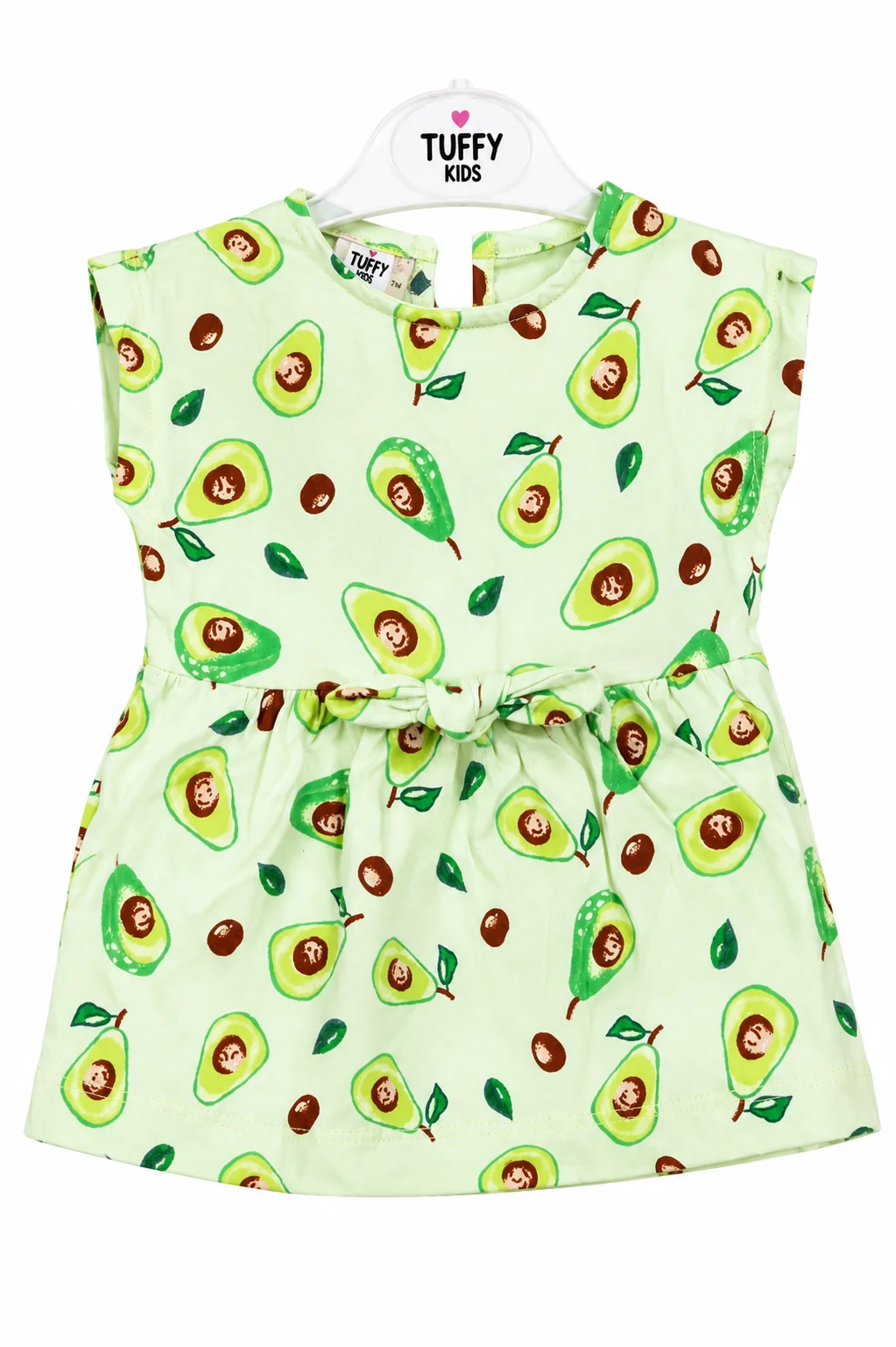 Tuffy Kids Girls Dress – Avocado Print Casual Dress – Soft Cotton Fabric – Waist Tie Design – Light Green