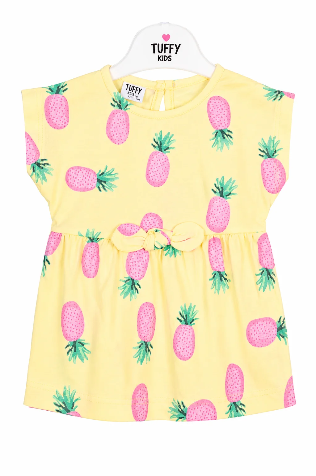Tuffy Kids Girls Dress – Pineapple Print Casual Dress – Soft Cotton Fabric – Waist Tie Design – Light Yellow