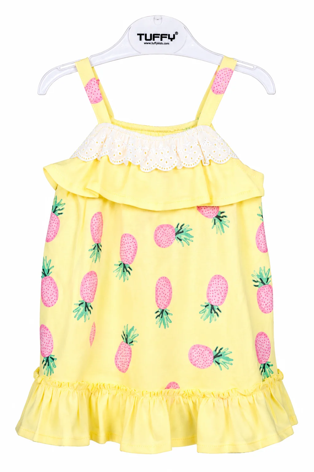 Tuffy Kids Girls Pineapple Print Dress – Sleeveless Ruffle Design – Light Yellow color option