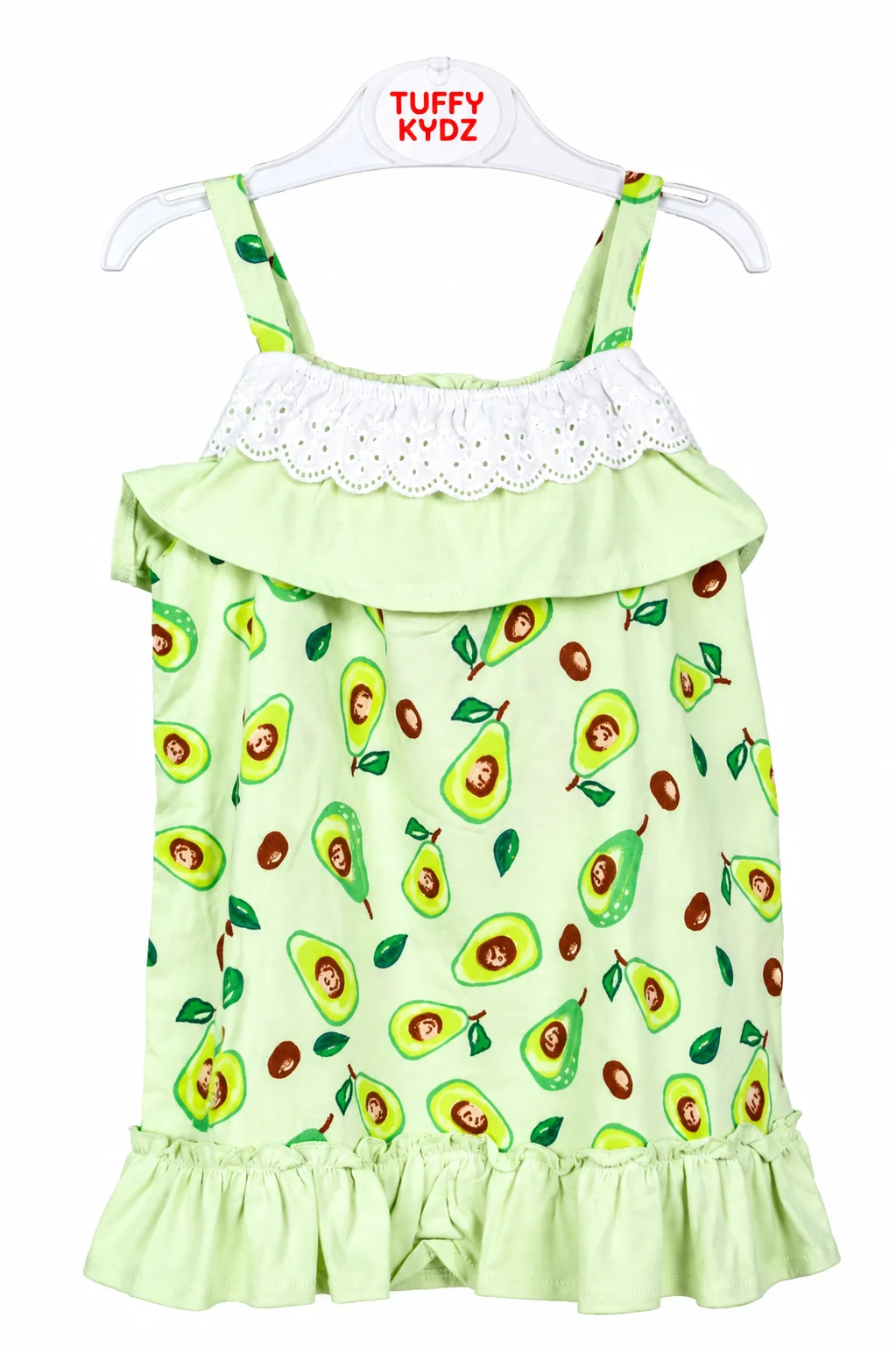 Tuffy Kids Girls Avocado Print Dress – Sleeveless Ruffle Design – Light Green color option