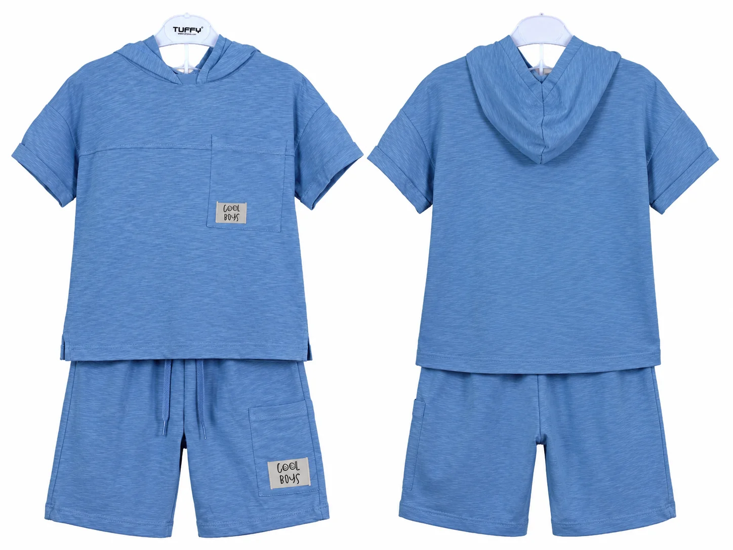 Tuffy Kids Boys Hooded T-Shirt & Shorts Set – Cool Boys Pocket Design – Sky Blue – 2 Pieces