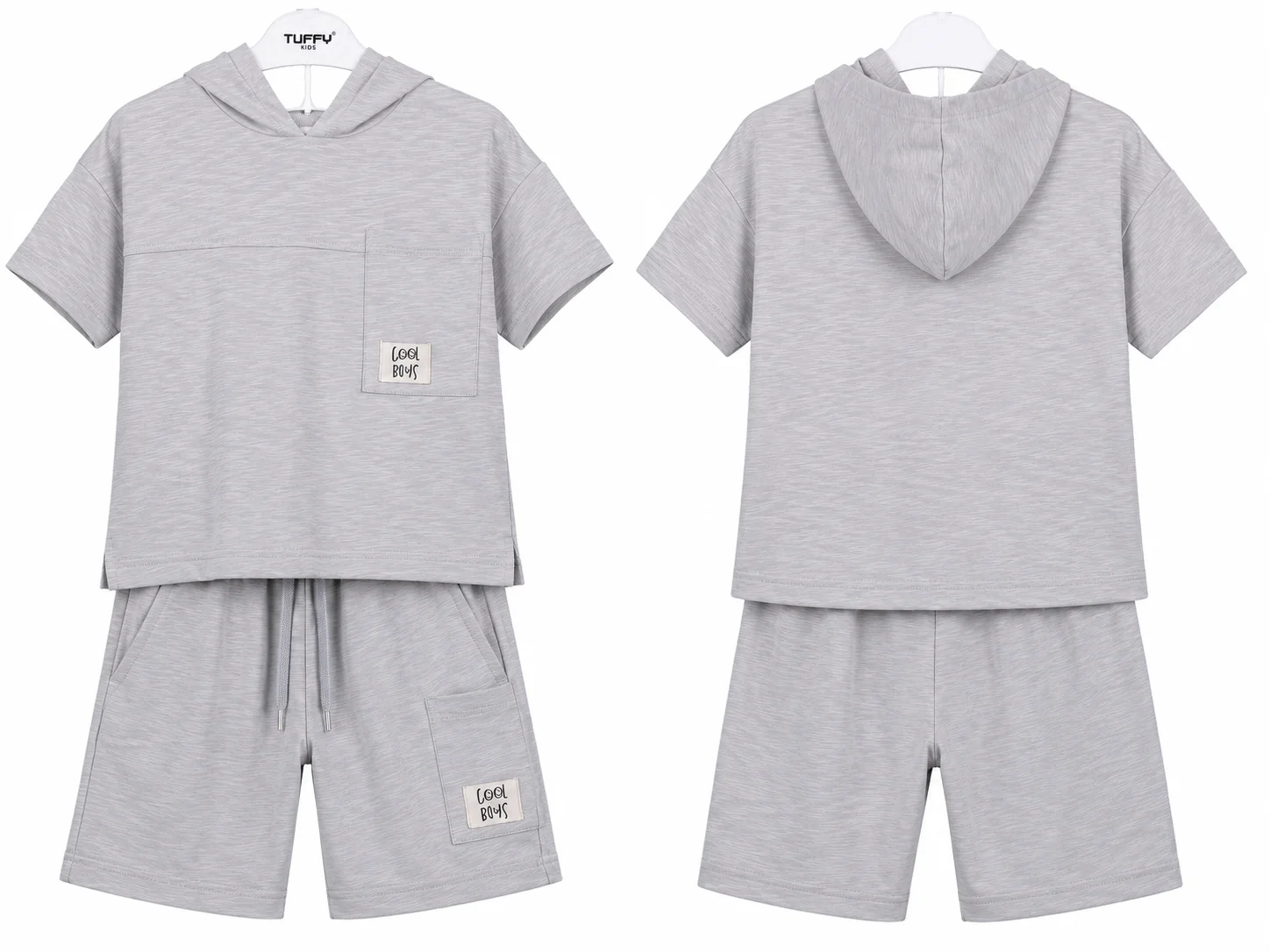 Tuffy Kids Boys Hooded T-Shirt & Shorts Set – Cool Boys Pocket Design – Light Grey– 2 Pieces color option