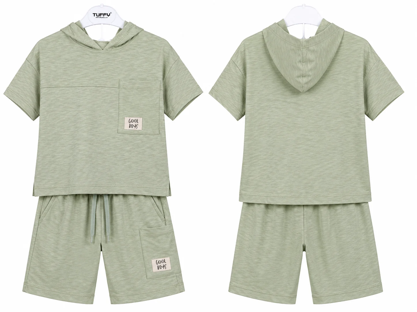 Tuffy Kids Boys Hooded T-Shirt & Shorts Set – Cool Boys Pocket Design – Light Green– 2 Pieces