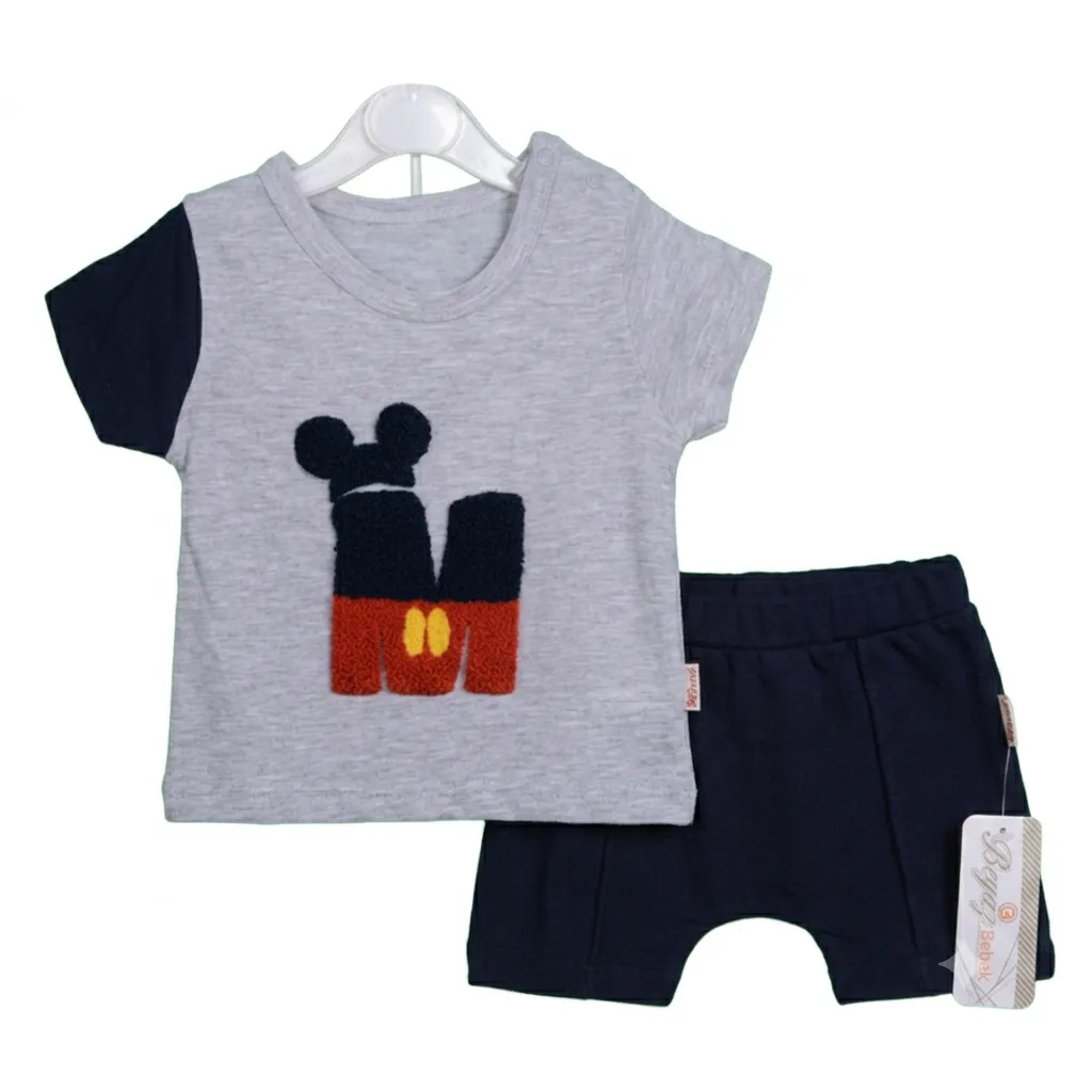 Beyaz Bebek Baby T-Shirt & Shorts Set with Mickey-Inspired Embroidered Design – Short Sleeve – black