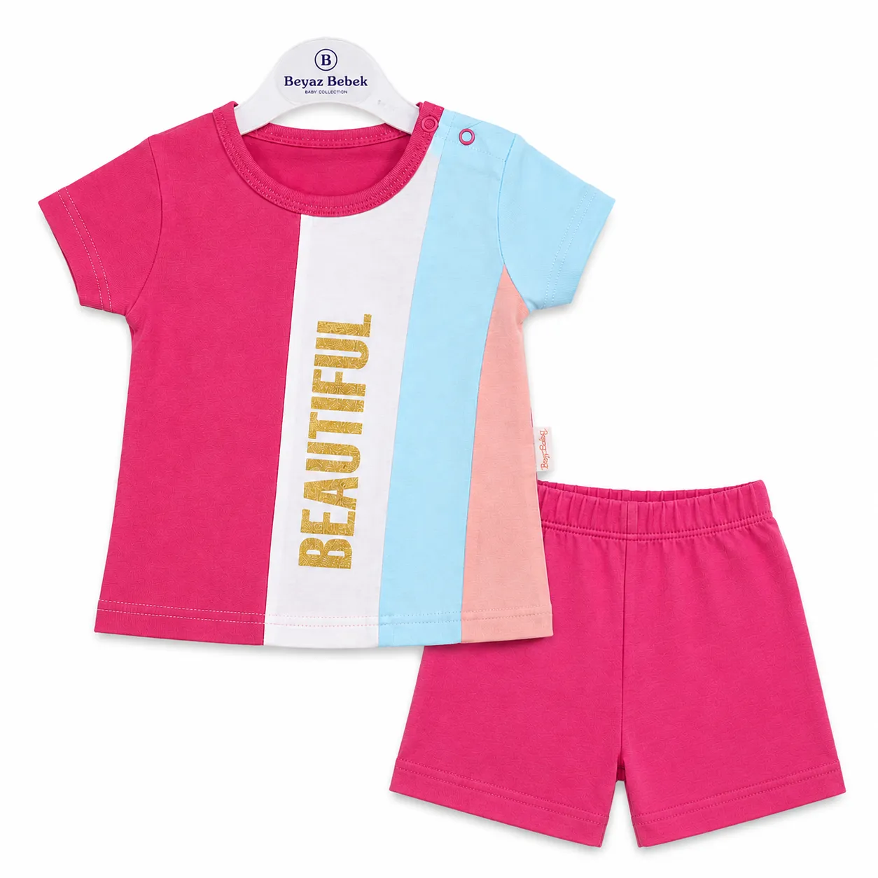 Beyaz Bebek Girls T-Shirt & Shorts Set – Color Block Design – Glitter Print – FUCHSIA