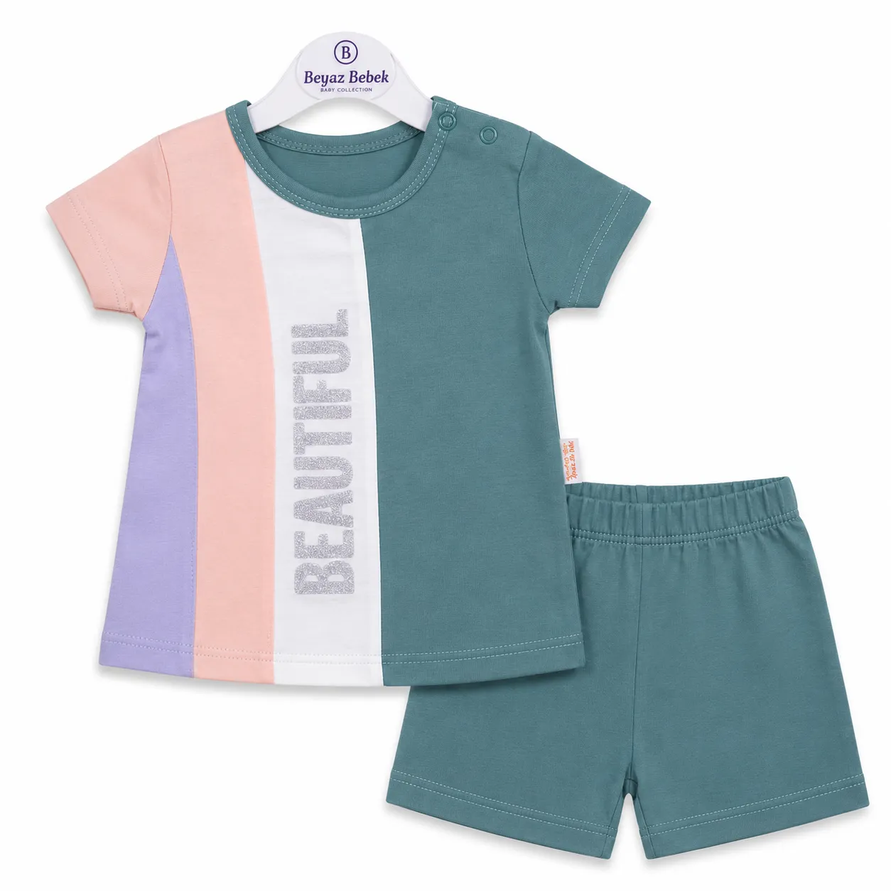 Beyaz Bebek Girls T-Shirt & Shorts Set – Color Block Design – Glitter Print – green color option