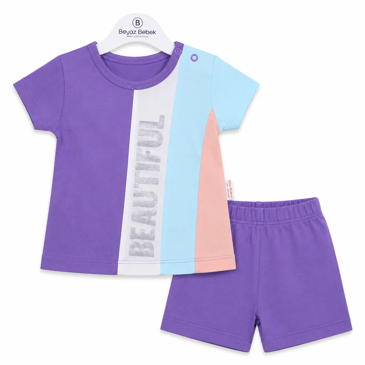 Beyaz Bebek Girls T-Shirt & Shorts Set – Color Block Design – Glitter Print – PURPLE
