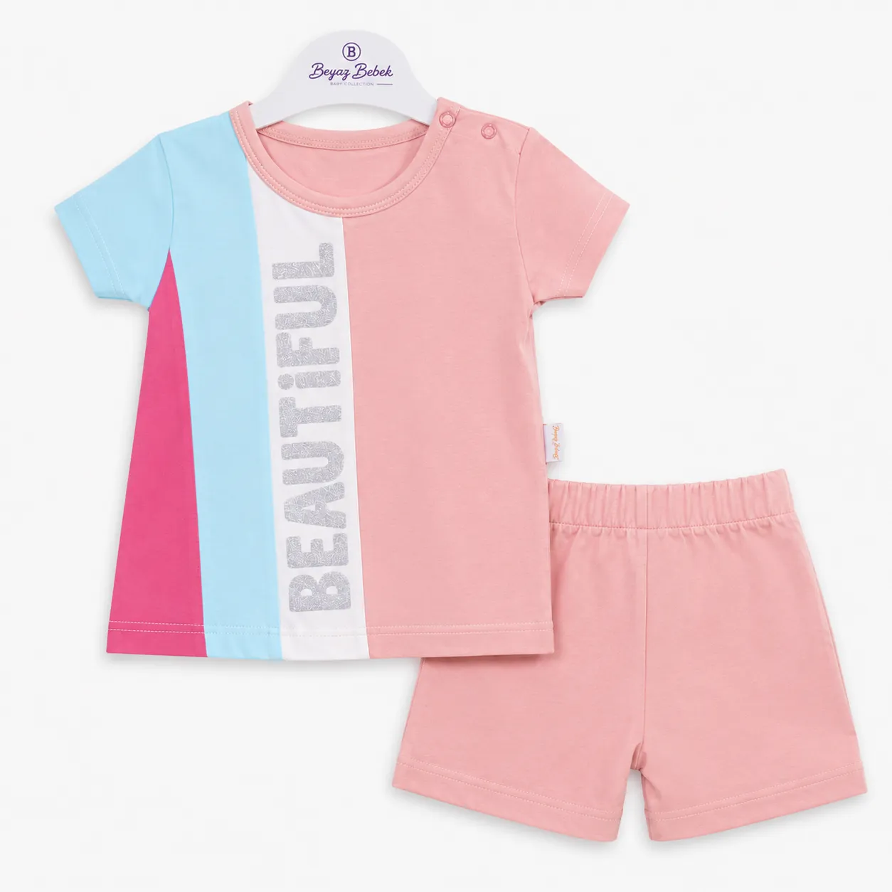 Beyaz Bebek Girls T-Shirt & Shorts Set – Color Block Design – Glitter Print – Pink