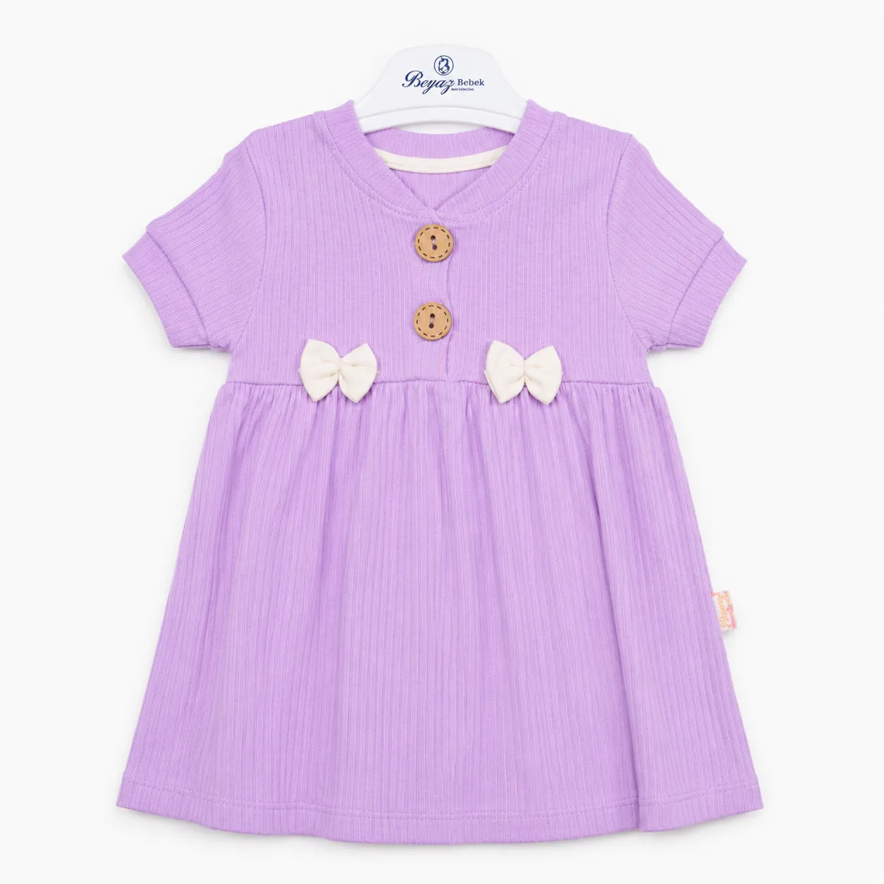 Beyaz Bebek Girls Cotton Dress with Bow Detail & Button Front – Short Sleeve –  purple
