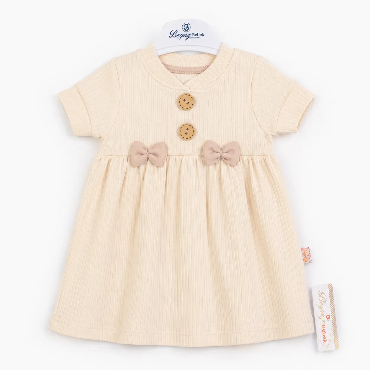 Beyaz Bebek Girls Cotton Dress with Bow Detail & Button Front – Short Sleeve –  Light Khaki