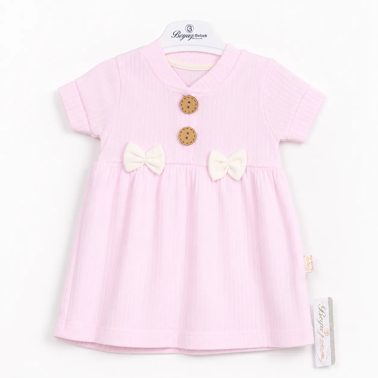 Beyaz Bebek Girls Cotton Dress with Bow Detail & Button Front – Short Sleeve –  pink color option