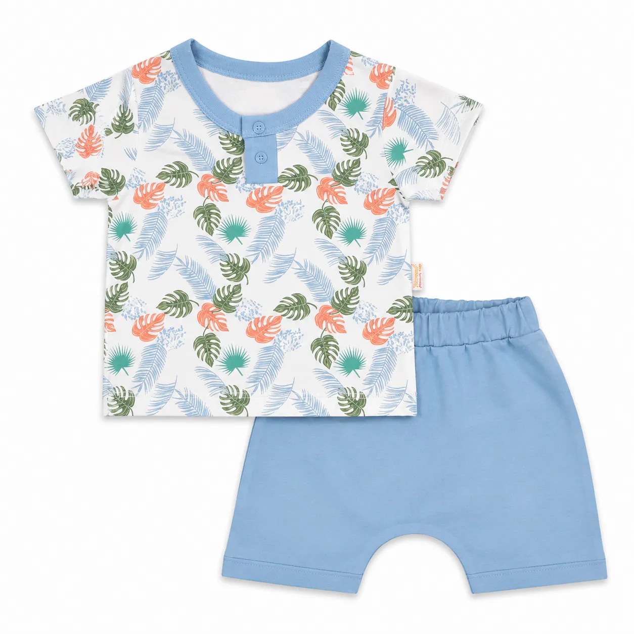 Beyaz Bebek Kids T-Shirt & Shorts Set – Tropical Leaf Print – Short Sleeve – 2 Pieces – blue color option