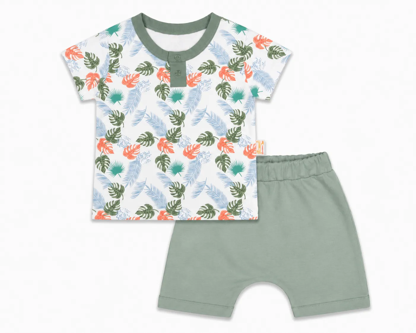 Beyaz Bebek Kids T-Shirt & Shorts Set – Tropical Leaf Print – Short Sleeve – 2 Pieces – green color option