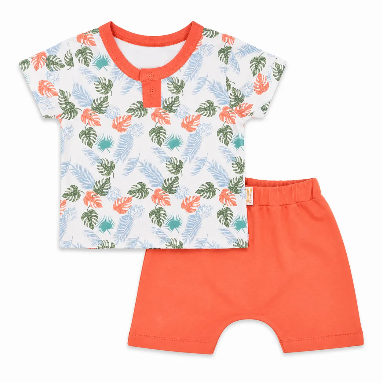 Beyaz Bebek Kids T-Shirt & Shorts Set – Tropical Leaf Print – Short Sleeve – 2 Pieces – Orange color option