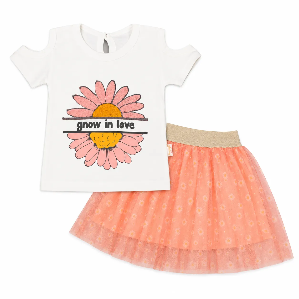 Beyaz Bebek Girls T-Shirt & Tulle Skirt Set – Daisy Print – Short Sleeve –  White & orange– 2 Pieces