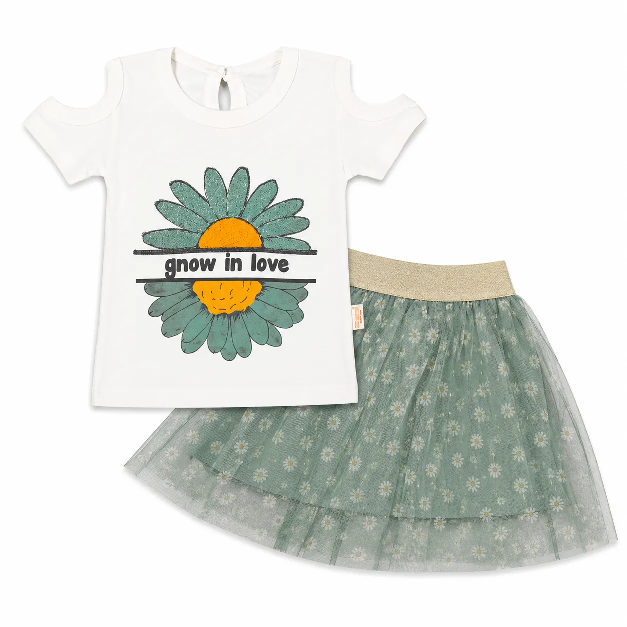Beyaz Bebek Girls T-Shirt & Tulle Skirt Set – Daisy Print – Short Sleeve – White & green – 2 Pieces