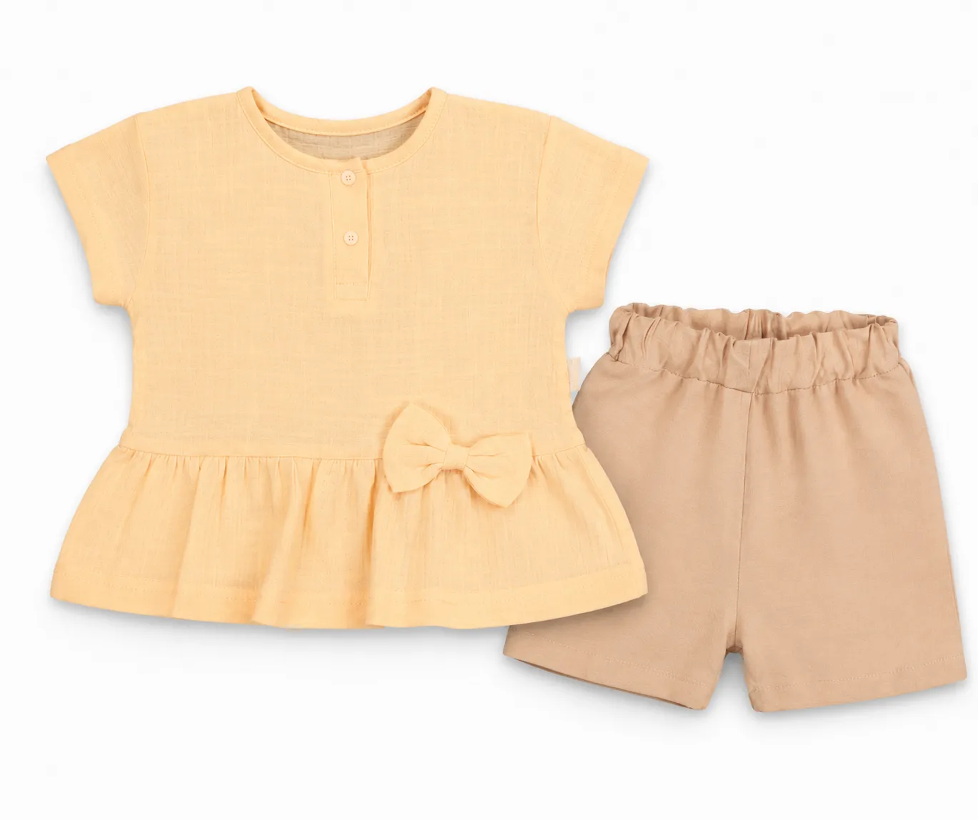 Beyaz Bebek Girls Cotton T-Shirt & Shorts Set – 95% Cotton, 5% Elastane – Short Sleeve – Bow Detail – 2 Pieces – yellow