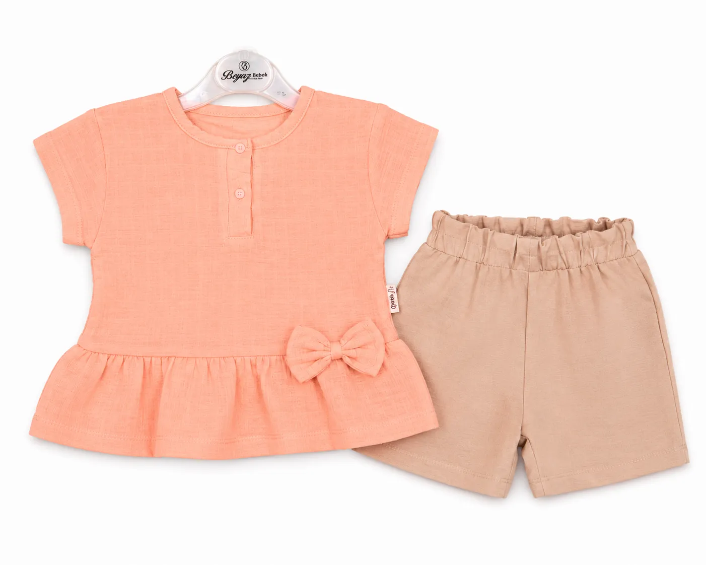 Beyaz Bebek Girls Cotton T-Shirt & Shorts Set – 95% Cotton, 5% Elastane – Short Sleeve – Bow Detail – 2 Pieces – Orange