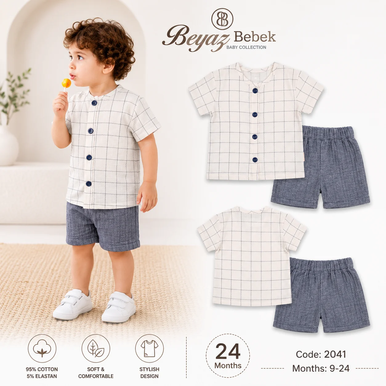 Beyaz Bebek Baby 2-Piece Set with Checkered Shirt & Shorts – Beige/Navy color option