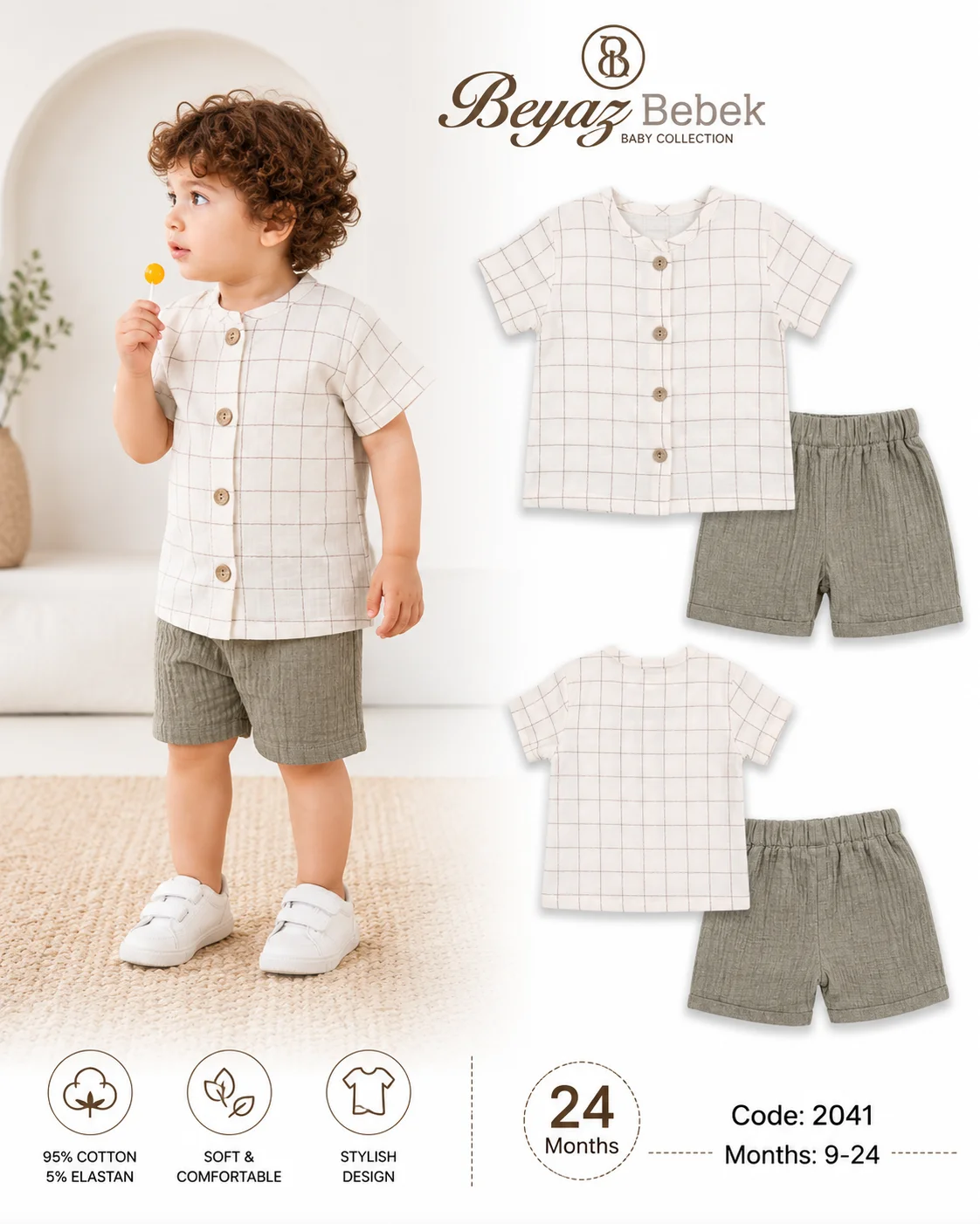 Beyaz Bebek Baby 2-Piece Set with Checkered Shirt & Shorts – Beige/Khaki color option